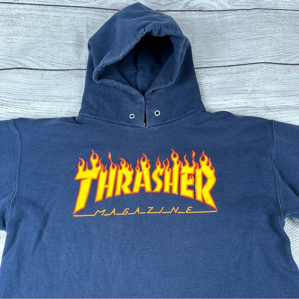 Vintage 2000’s Thrasher Magazine Flame Hoodie, Navy Blue, Size Small, Y2K Retro